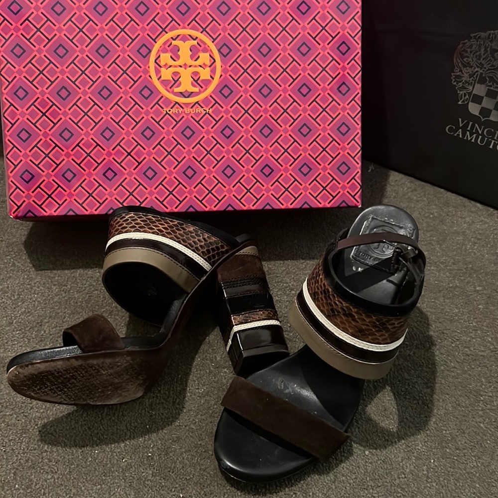 Tory Burch Black and brown block heel sandals suede and leather